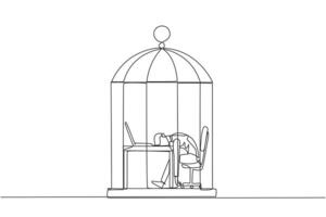 Single continuous line drawing businessman trapped in cage asleep on laptop computer. Tired of repetitive routines. The many deadlines require overtime every day. One line design vector illustration