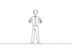 Single continuous line drawing young businessman standing straight. Survive inflation and pandemics. Looking to the future of business is full of hopes of success. One line design vector illustration