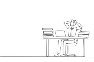 Single continuous line drawing businessman sitting on office chair. Stressful to see stock price on a laptop screen that don't increase. Stressful businessman. One line design vector illustration