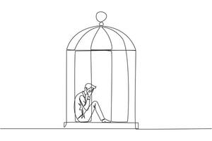 Continuous one line drawing businessman trapped in the cage sitting covering face. Feel utterly defeated. Trapped in a dirty business. Mentally tired. Lost. Single line draw design vector illustration