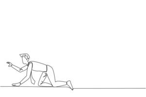 Single one line drawing crawling young businessman. Trying to get up after being attacked by a pandemic. Starting from crawling, walking, then running fast. Continuous line design graphic illustration vector