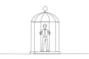 Single continuous line drawing businessman trapped in cage standing hold the iron bars. Imprisoned body and mind. Limited opportunity. Feeling exhausted. Hopeless. One line design vector illustration