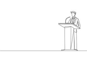 Continuous one line drawing inspirational businessman give speech at the podium. Convey tips for success in doing business by continuing to preserve nature. Single line draw design vector illustration