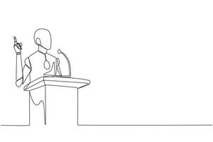 Continuous one line drawing smart robotic speaking at the podium while giving gesture of lifting one finger up. Inspirational speech. Conference stage. Single line draw design vector illustration