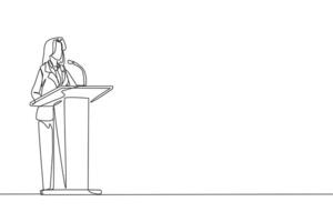 Single continuous line drawing inspirational businesswoman give a speech at the podium. Convey tips for success in doing business by continuing to preserve nature. One line design vector illustration