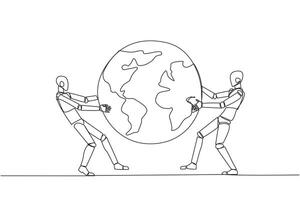 Single one line drawing two strong robot fighting over the globe. Fighting over the area that will be the target of sales expansion. Aggressive. Humanoid. Continuous line design graphic illustration vector