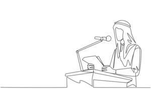 Single continuous line drawing Arab businessman speaking on podium holding piece of paper. Make welcoming speech. Entrepreneur has a new business branch. Happiness. One line design vector illustration