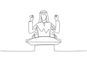 Continuous one line drawing young Arabian businessman speaking at the podium while raising and clenching both hands. Styled like a politician seeking votes. Single line draw design vector illustration