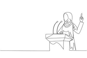 Single continuous line drawing young Arabian businesswoman speaking at the podium while lifting index finger up. She made a favorable statement for the company. One line design vector illustration