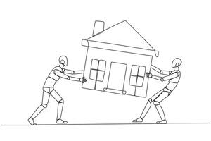 Continuous one line drawing two emotional robot fighting over miniature house. The concept of fighting for luxurious house that they really want. AI tech. Single line draw design vector illustration