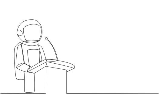Single continuous line drawing young happy astronaut speaking at podium. Announced greatly improved business balance sheet. A fun speech for all parties. Orator. One line design vector illustration