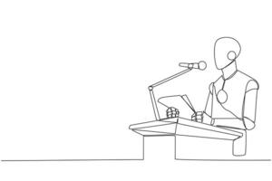 Single one line drawing robot speaking on the podium holding a piece of paper. Make a welcoming speech. Robot has a new business branch. Happiness. Orator. Continuous line design graphic illustration vector