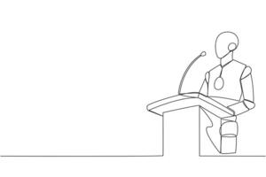 Single one line drawing robotic artificial intelligence speaking at podium. Announced greatly improved business balance sheet. A fun speech for all parties. Continuous line design graphic illustration vector