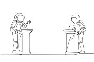 Single continuous line drawing two astronauts arguing on the podium. Throwing opinions on the best way to deal with global warming. Open dialogue. Debating. Argue. One line design vector illustration