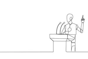 Continuous one line drawing smart robotic speaking at the podium while lifting index finger up. Made a favorable statement for the company. Orator. AI tech. Single line draw design vector illustration