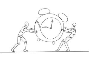 Continuous one line drawing two emotional robot fighting over the big alarm clock. The concept of fighting for rare items for prestige. Conflict. Attack. Single line draw design vector illustration