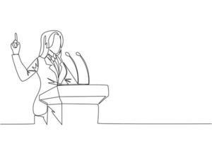 Single one line drawing young energetic businesswoman speaking at the podium while lifting index finger up. She made a favorable statement for the company. Continuous line design graphic illustration vector