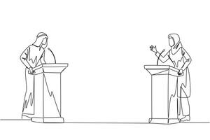 Continuous one line drawing Arabian businessman and businesswoman arguing on the podium. Throwing arguments at each other, not wanting to give in. Feel most right. Single line draw vector illustration