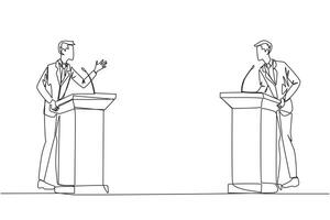 Single continuous line drawing two young businessmen arguing on the podium. Throwing opinions on the best way to deal with global warming. Open dialogue. Debating. One line design vector illustration