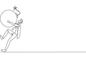 Single continuous line drawing young businessman carrying a bomb with a burning fuse. The concept of keeping danger away from the business environment to survive. One line design vector illustration