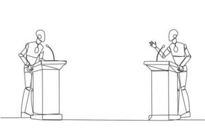 Single one line drawing two robot arguing on the podium. Throwing opinions on the best way to deal with global warming. Open dialogue. Debating. AI tech. Continuous line design graphic illustration vector