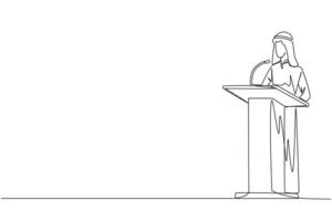 Single one line drawing inspirational Arab businessman give speech at podium. Convey tips for success in doing business by continuing to preserve nature. Continuous line design graphic illustration vector