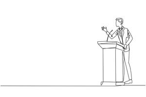 Single continuous line drawing businessman speech standing behind podium. Inviting to everyone to be more concerned with natural condition to avoid air pollution. One line design vector illustration