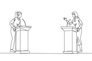 Single continuous line drawing two businesswomen arguing on the podium. Throwing opinions on the best way to deal with global warming. Open dialogue. Debating. One line design vector illustration