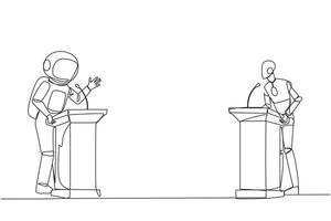 Single continuous line drawing robotic and astronaut arguing on the podium. Throwing arguments at each other, not wanting to give in. Feel most right. Debate. One line design vector illustration