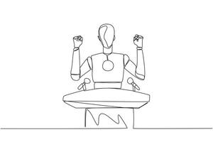 Continuous one line drawing smart robotic speaking at the podium while raising and clenching both hands. Styled like a politician seeking votes. Orator. Single line draw design vector illustration