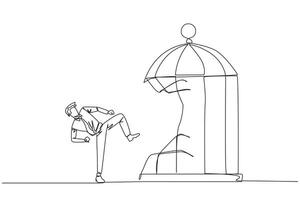Single continuous line drawing taekwondo businessman destroy cage with the kick. Metaphors remove the comfort zone trap. A genius entrepreneur for the company. One line design vector illustration