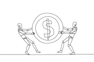 Single one line drawing two angry robot fighting over the dollar sign coin. The last coin used to buy fresh drinks at the vending machine. Attack. Humanoid. Continuous line design graphic illustration vector