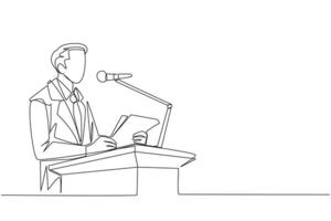 Single one line drawing businessman speaking on the podium holding a piece of paper. Make a welcoming speech. Entrepreneur has a new business branch. Happiness. Continuous line graphic illustration vector