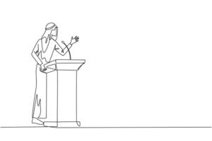 Single continuous line drawing Arab businessman speech standing at podium. Inviting to everyone to be more concerned with natural condition to avoid air pollution. One line design vector illustration