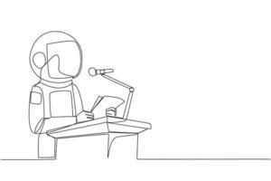 Single one line drawing astronaut speaking on the podium holding a piece of paper. Make welcoming speech. Astronaut has new business branch. Orator. Leader. Continuous line design graphic illustration vector