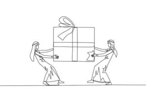 Continuous one line drawing two professional Arabian businessman fighting over gift box. Entrepreneurs against environmental pollution fight for main prize. Single line draw design vector illustration