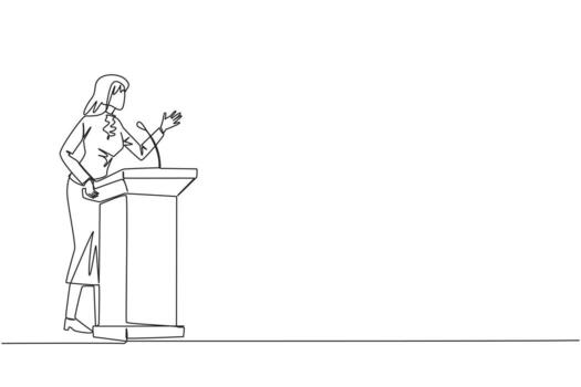 Continuous one line drawing businesswoman speech standing behind podium. Inviting to everyone to be more concerned with natural condition to avoid air pollution. Single line draw vector illustration