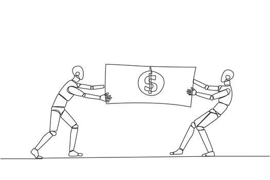 Single one line drawing two angry robot fighting over banknotes. Fight over the capital provided by the government to selected robotics. Rival. Technology. Continuous line design graphic illustration vector
