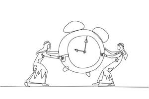 Single one line drawing two emotional Arabian businessman fighting over alarm clock. The concept of fighting for rare items for prestige. Conflict. Attack. Continuous line design graphic illustration vector