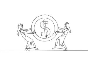 Continuous one line drawing two angry Arabian businessman fighting over dollar sign coin. The last coin used to buy fresh drinks at vending machine. Attack. Single line draw design vector illustration