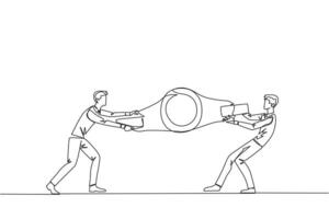 Continuous one line drawing two emotional businessman fighting over boxing belt. Fight for to be the greatest and strongest businessman. Businessman battle. Single line draw design vector illustration