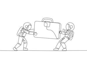 Continuous one line drawing two aggressive astronaut fighting over the briefcase. Fight over the client data contained in the bag. Astronaut attack. Cosmic. Single line draw design vector illustration