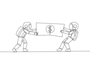 Single continuous line drawing two angry astronaut fighting over banknotes. Fight over the capital provided by the government to selected cosmonauts. Rival. Cosmic. One line design vector illustration