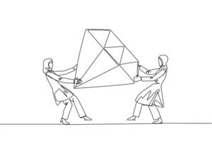 Single one line drawing two selfish Arabian businesswoman fighting over diamond. Fight over diamond mines that make profit boost for entrepreneur. Conflict. Continuous line design graphic illustration vector