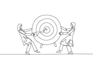 Single one line drawing two angry Arabian businesswoman fighting over arrow target board. Fighting for who will get the achievement first. Attack. Conflict. Continuous line design graphic illustration vector