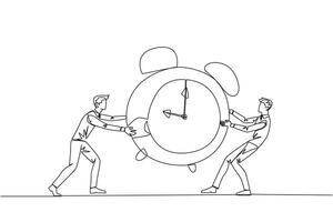 Single continuous line drawing two emotional businessman fighting over the big alarm clock. The concept of fighting for rare items for prestige. Conflict. Attack. One line design vector illustration