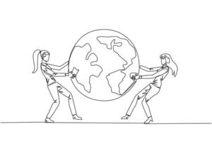 Continuous one line drawing two strong businesswoman fighting over the globe. Fighting over the area that will be the target of sales expansion. Aggressive. Single line draw design vector illustration