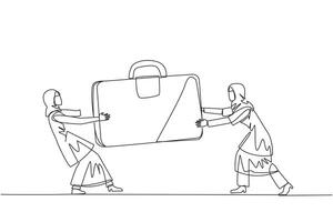 Continuous one line drawing two aggressive Arabian businesswoman fighting over briefcase. Fight over the client data contained in the bag. Businesswoman attack. Single line draw vector illustration