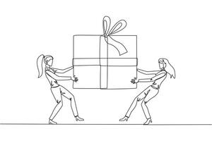 Continuous one line drawing two professional businesswoman fighting over gift box. Entrepreneurs against environmental pollution fight for the main prize. Single line draw design vector illustration