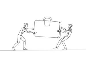 Single continuous line drawing two aggressive businessman fighting over the briefcase. Fight over the client data contained in the bag. Businessman attack. Target. One line design vector illustration